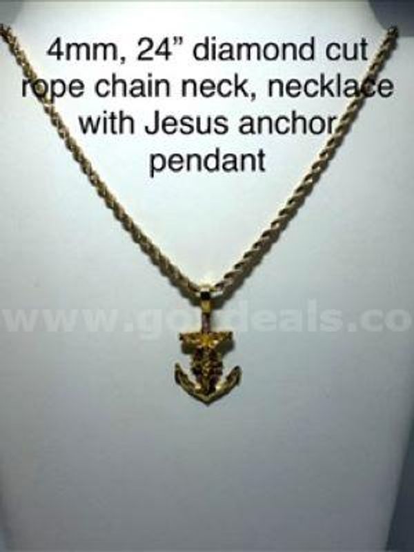Beautiful, 4MM, 24 Inch, Real 24k Gold Filled, Diamond Cut Rope Chain, W/Jesus on Anchor Pendant
