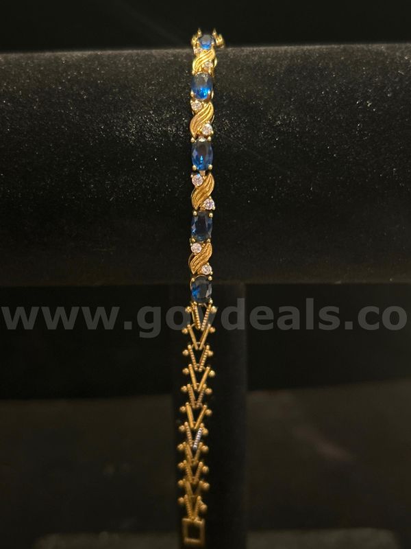 7 Inch, CZ Sapphire Tennis Bracelet, 24K Real Gold Plated