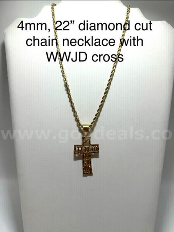 Beautiful 4MM, 22 Inch, Diamond Cut Rope Chain, W/"WWJD" Pendant, 24k Real Gold Filled