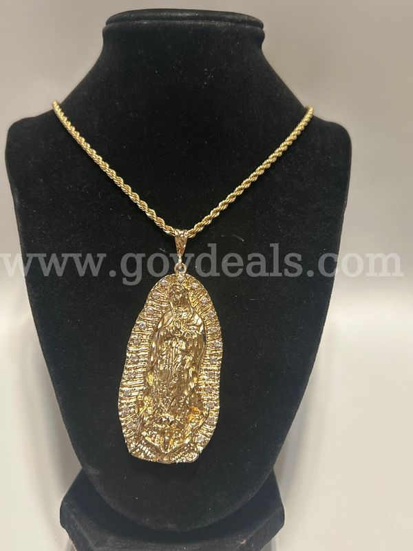 24 Inch, 3.5mm Rope Chain, W/ CZ, Mary and Angel Pendant. 24k Real Gold Filled.
