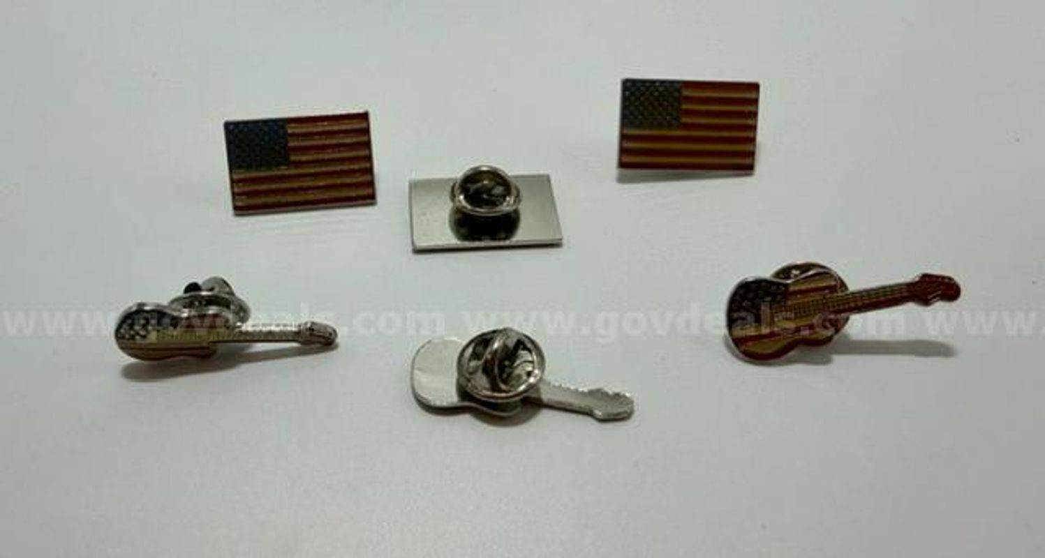 Set of (6), USA Flag/Guitar Enamel Pins/Tie Tac. Real 24k Gold Filled