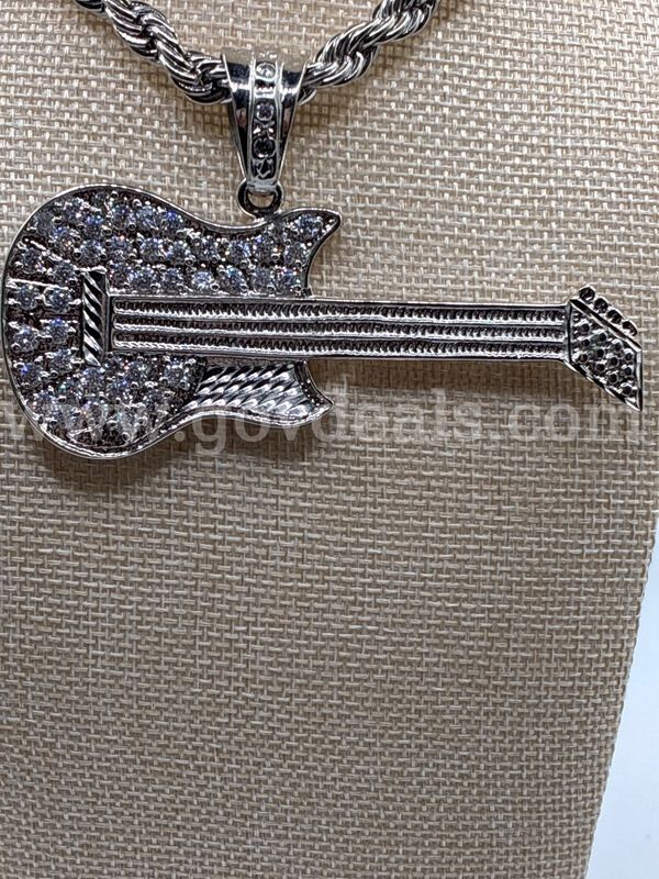 6mm, 24”, French Rope, W/ XL CZ Guitar Rhodium Clad (Silver) FREE SHIPPING W/BUY NOW