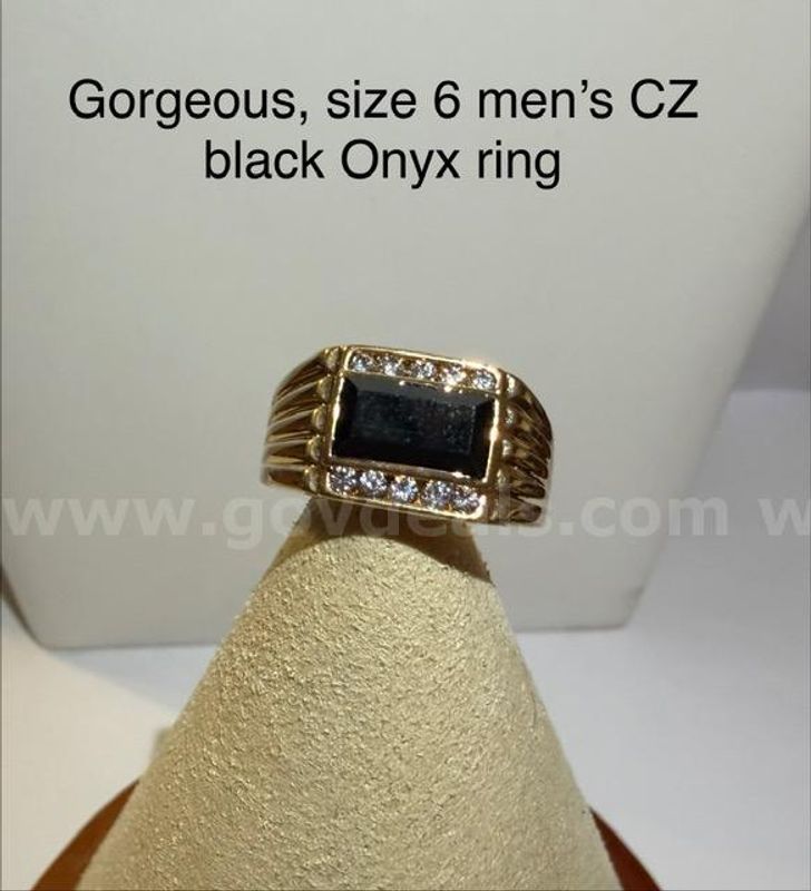 Gorgeous, Men's, Size 6, CZ Black Onyx Ring, 24k Real Gold Filled