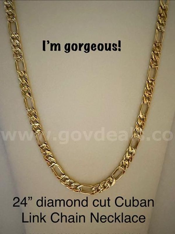 Gorgeous, 24 Inch, Diamond Cut Italian Figaro Chain Necklace, 24k Real Gold Plated