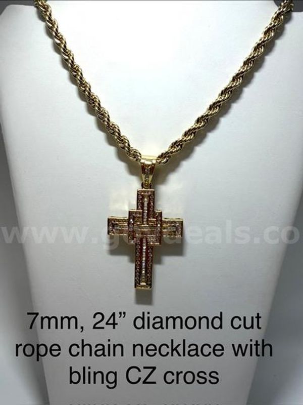 Stunning, 7MM, 24" Diamond Cut Rope Chain Necklace, w/Large CZ Bling Cross, 24k Real Gold Filled