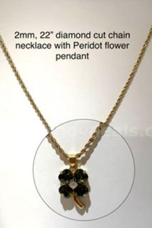 Gorgeous, 2MM, 22 " Rope Chain Necklace w/CZ Peridot Flower Pendant, Real 24k Gold Filled
