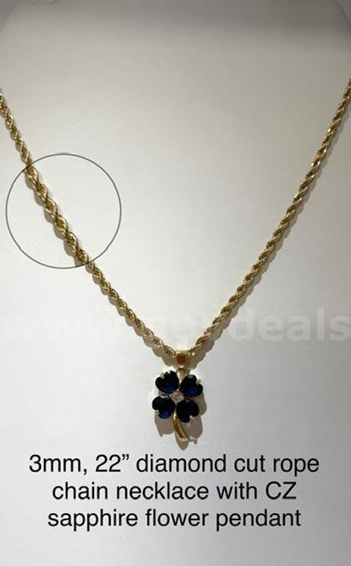 3MM, 22”, Diamond Cut Rope Chain Necklace w/CZ Sapphire Flower Pendant, Real 24k Gold Filled