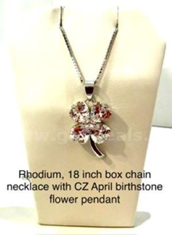 Beautiful, Rhodium Clad (Silver), 18", Box Chain W/CZ April Birthstone Flower Pendant