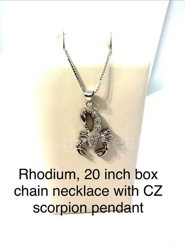 Beautiful, Rhodium Clad (Silver), 20", Box Chain Necklace W/CZ Scorpion Pendant