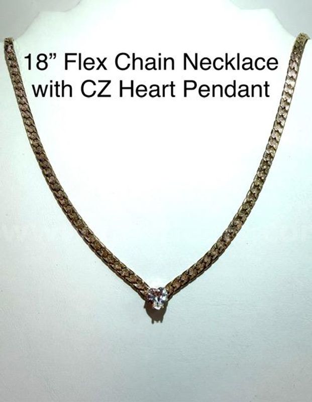 Gorgeous, 18 Inch, Flex Chain Necklace, W/2 Carat, CZ Heart Pendant Real 24k Gold Filled