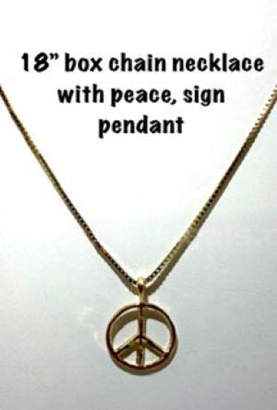Attractive, 18 Inch, Box Chain Necklace, W/Peace Sign Pendant, Real 24k Gold Filled