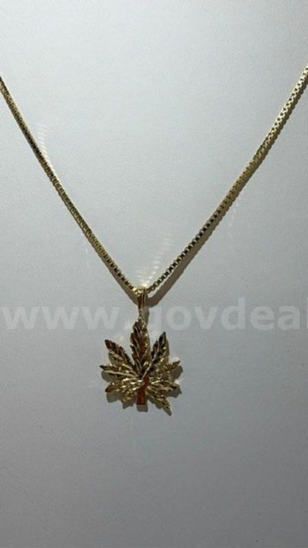 Unique, 18 Inch, Box Chain Necklace, W/Marijuana Leaf Pendant, Real 24k Gold Filled