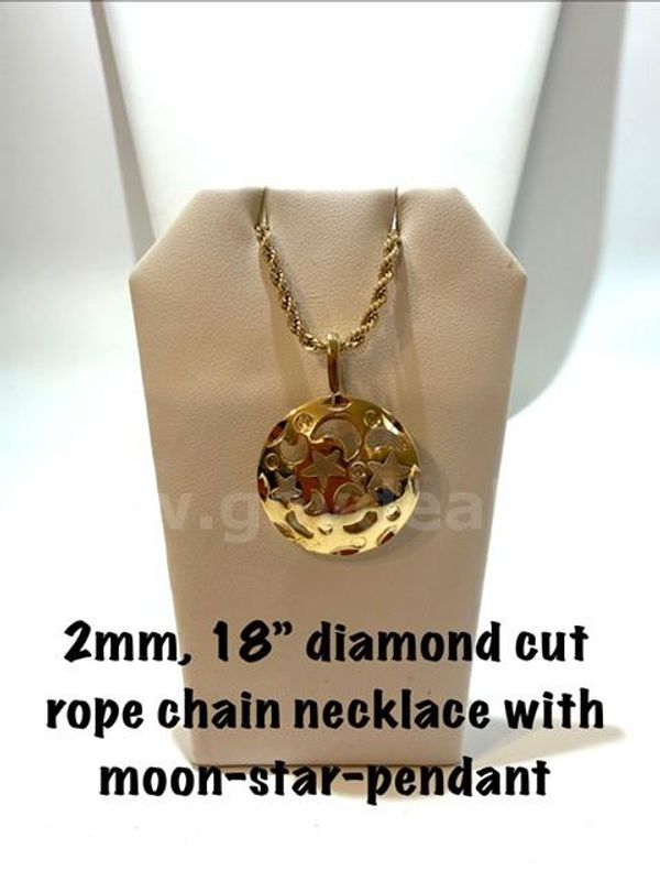 Beautiful, 2MM, 18”, Diamond Cut Rope Chain, W/Moon/Star Pendant, Real 24k Gold Filled