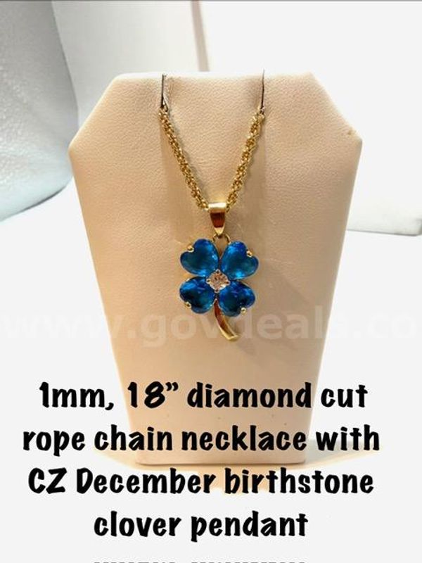Gorgeous, 1MM, 18”, Diamond Cut Rope Chain Necklace, W/CZ December Clover Pendant, Real 24k Gold Filled