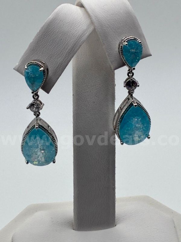 Beautiful Rhodium Clad (Silver) Elegant Aqua Blue Tear Drop Earrings
