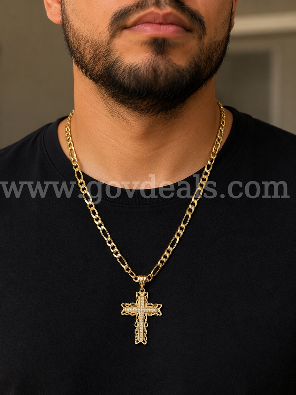 20” Figaro Necklace W/ Large CZ Cross Pendant, 24K Gold Filled