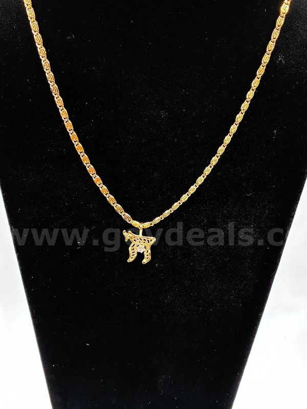20” Byzantine Necklace W/ CZ Chai Pendant, 24K Gold Filled