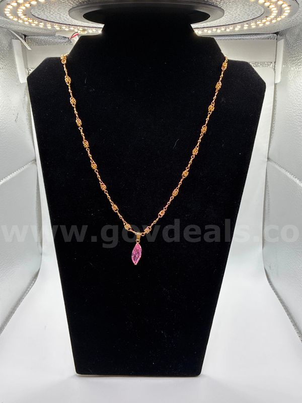 20” Byzantine Necklace W/ Pink CZ Marquise Pendant, 24K Gold Filled