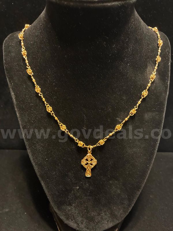 18” Knot Station Necklace W/ Celtic Cross Pendant, Real 24K Gold Filled.