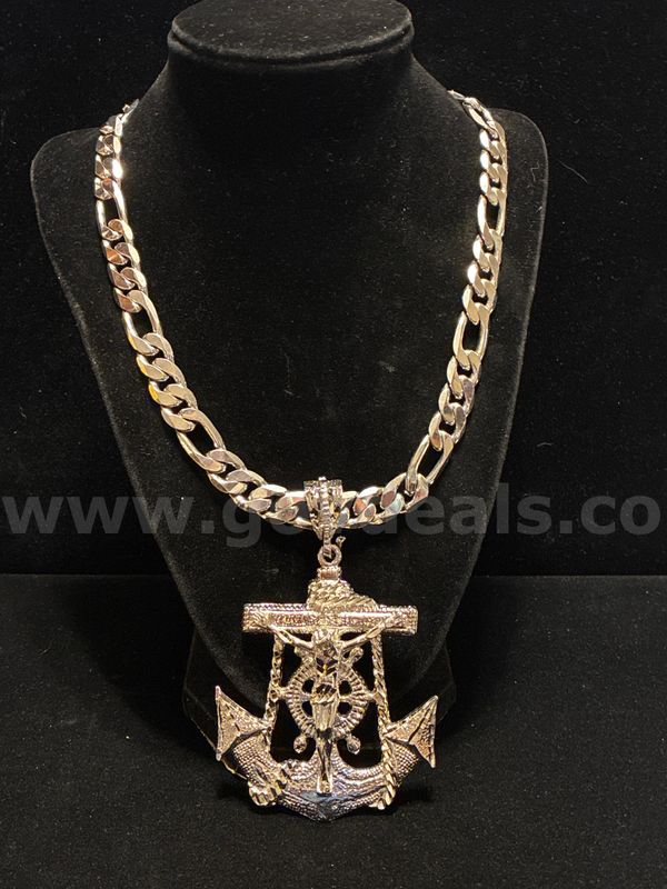 Beautiful Rhodium Clad (Silver), 18” Large Figaro Necklace W/XL Anchor Crucifix Pendant.