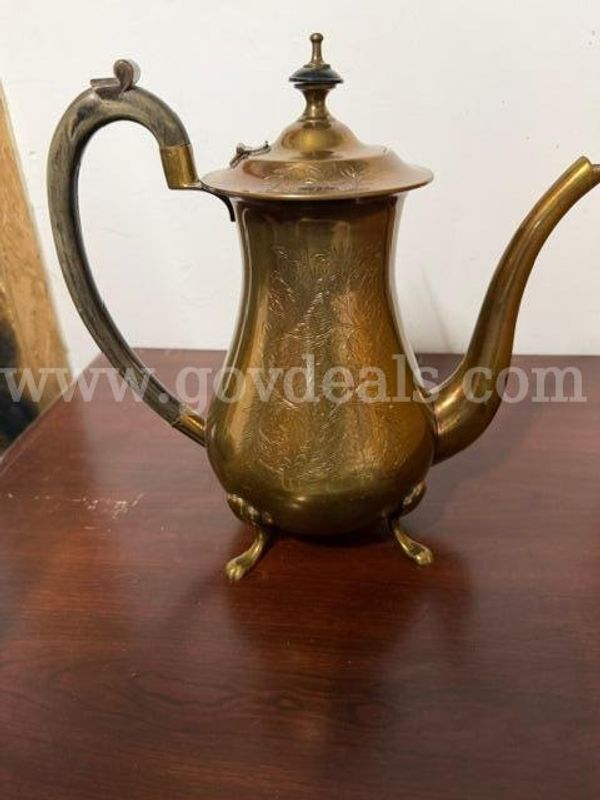 Vintage 9 Inch, Etched, Brass Coffee/Tea Pot, W/4 Feet and Long Spout