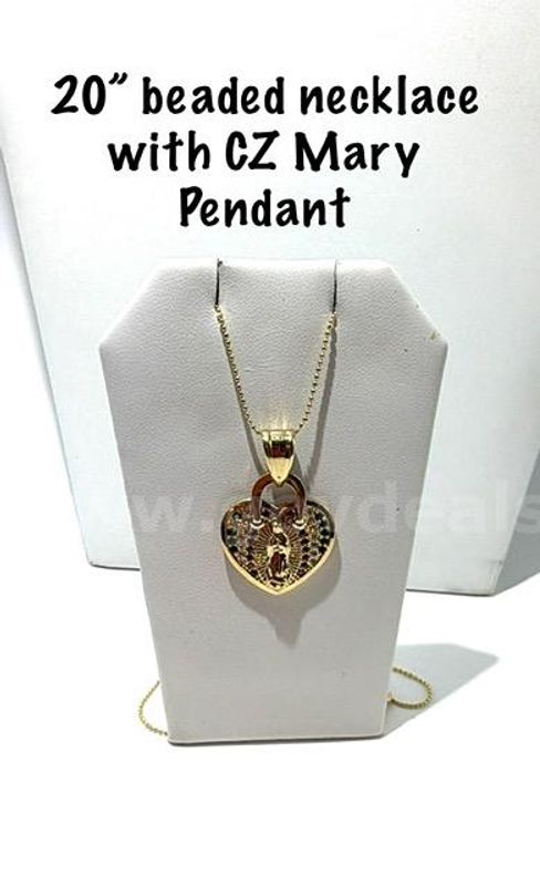 Beautiful, 20”, Real 24k Gold Filled, Beaded Necklace, W/CZ Mary Heart Pendant