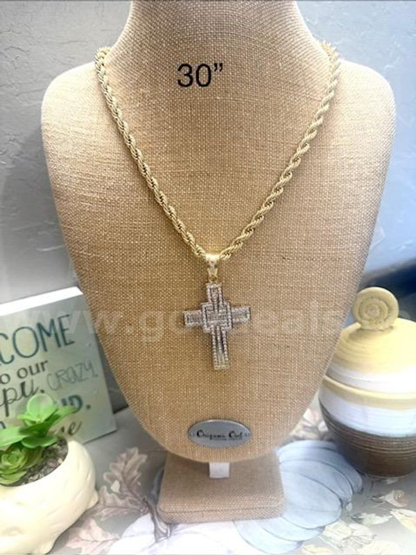 24k Gold Filled, 7MM, 30 Inch Rope Chain, W/CZ Cross Pendant