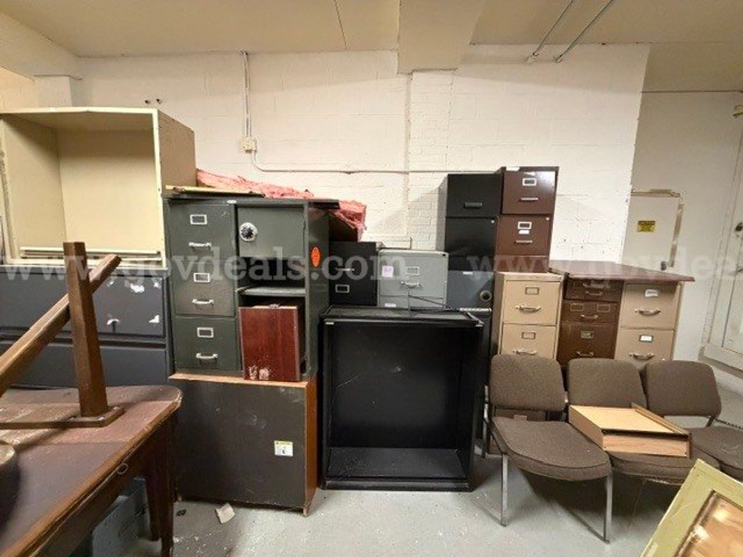 Lot of Old Desks, Filing Cabinets, Tables