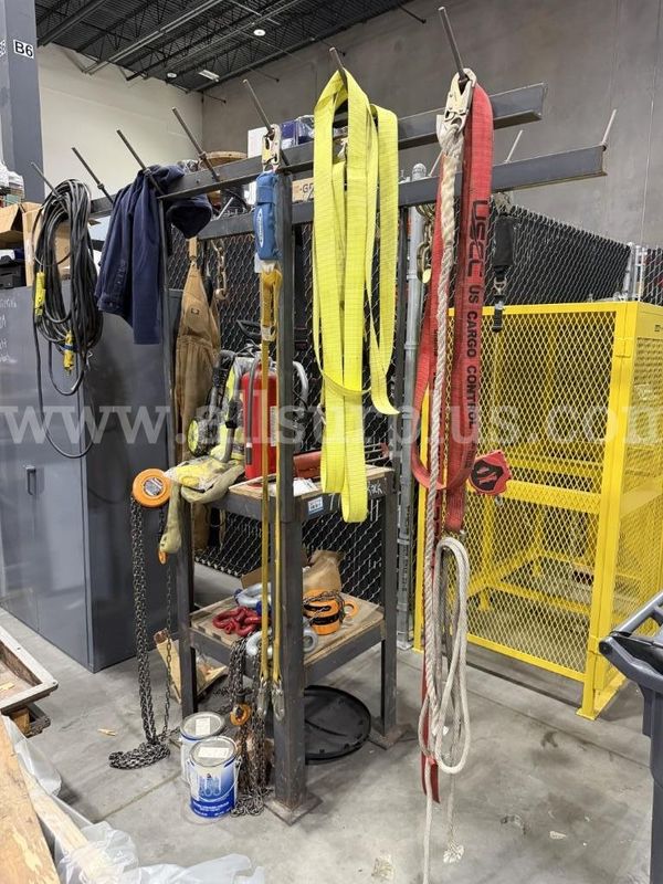 Rigging Rack, Steel, With Rigging, 1 Ton Chain Falls, Pressure Washer and Misc Shop Supplies, Qty 1 Rack