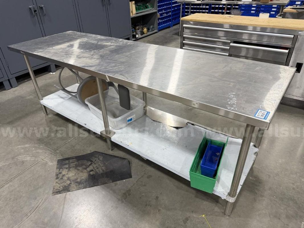 Shop Tables, Stainless Steel and Wood Tops, Qty 3 Tables and Contents