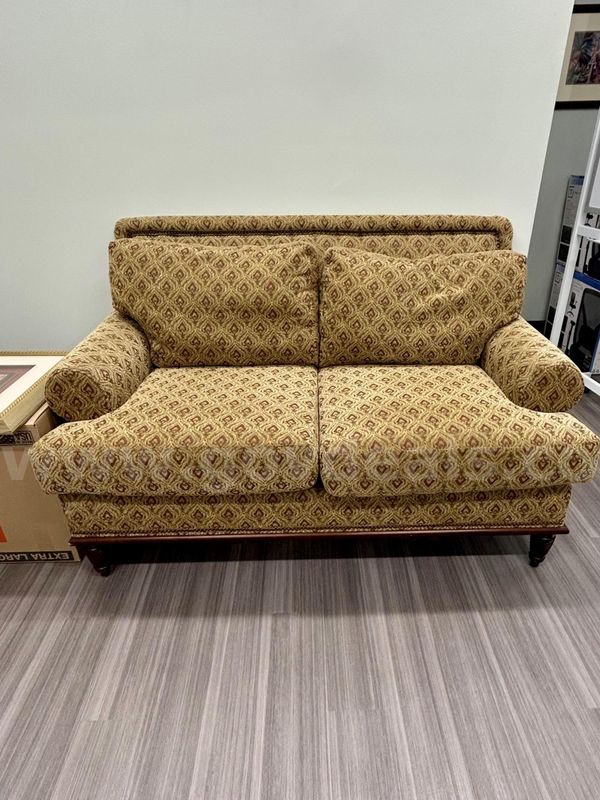 High Quality Kravet Loveseat with Geometric Pattern, Rolled Arms and Turned Dark Wood Legs