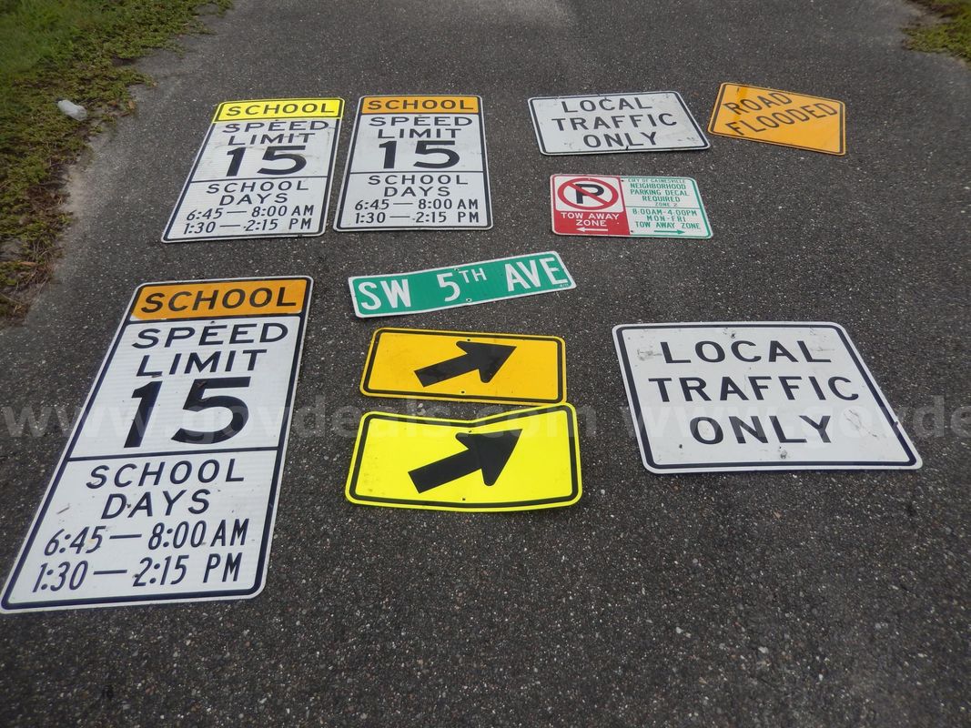 Used (3) School Zone Speed Limit 15 Signs, (1) Tow Away Zone Sign, (1) Road Flooded Sign, (2) Arrow Signs
