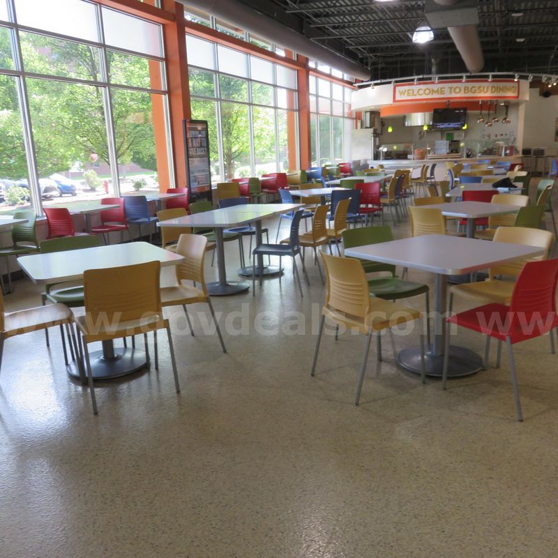 Large square tables - Lot of 33. Small square tables - Lot of 12. Multi Color and gray chairs - Lot of 152.