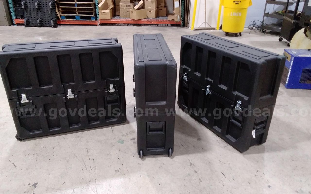 Lot of (3) SKB mobile cases, protective storage/travel hard plastic cases.