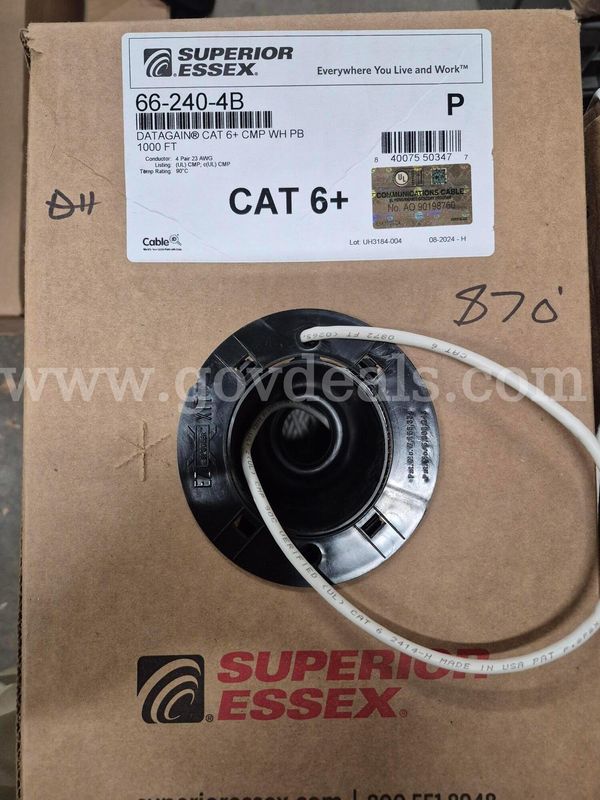 Full or 3/4 full boxes of CAT 5E, CAT 6 Plenum, CAT 6 Riser, and CAT 6+ Cable.