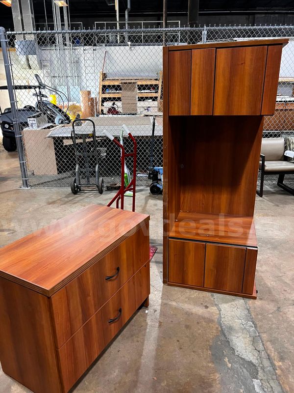 Lot of wooden desk and matching cabinet